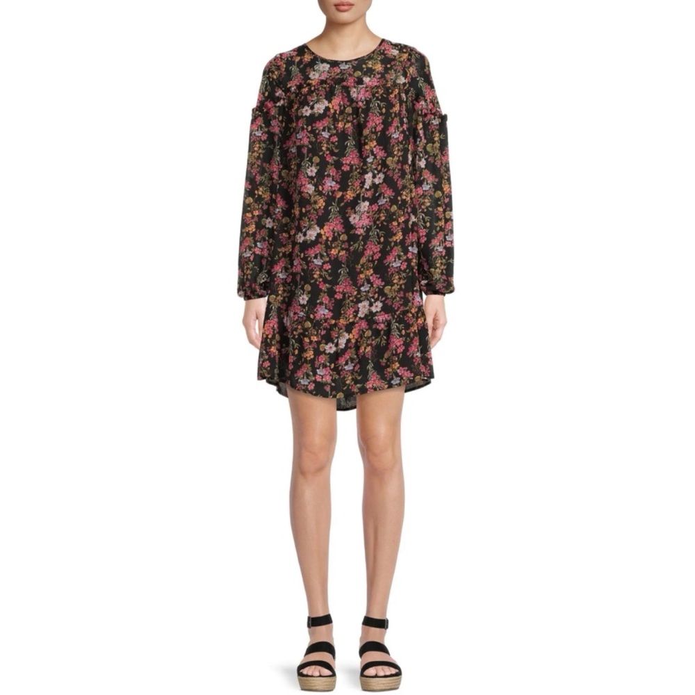 Time and Tru Long Sleeve Floral Ruffle Yoke Shift Dress Black Pink Size Large